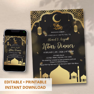 Convite Jantar de Iftar na Mesquita Preto e Dourado de Lux