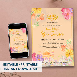 Convite Jantar de Iftar Ramadan Kareem Floral Aquarela