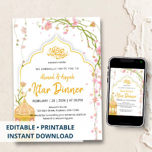Convite Jantar de Iftar Rosa e Dourado Floral Elegante Ram