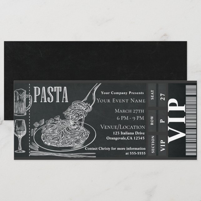 Convite Jantar de Massa e Vinho Ingresso VIP para Jantar c (Frente/Verso)