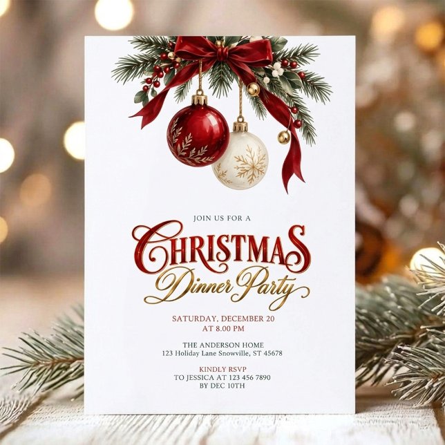 Convite Jantar de Natal Clássico Vermelho e Dourado (Criador carregado)