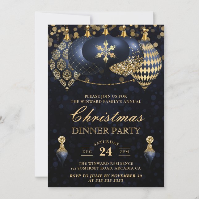 Convite Jantar de Natal com Bolas de Natal Elegantes Azul  (Frente)