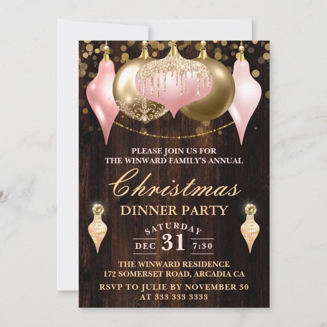 Convite Jantar de Natal com Bolas Rosa e Dourado (Frente)