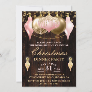 Convite Jantar de Natal com Bolas Rosa e Dourado