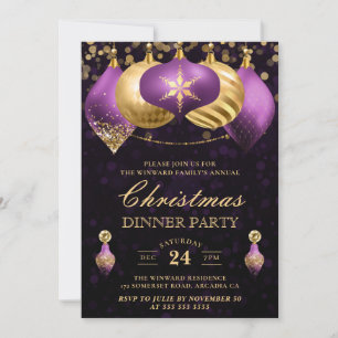 Convite Jantar de Natal com Bolas Roxas e Douradas Elegant