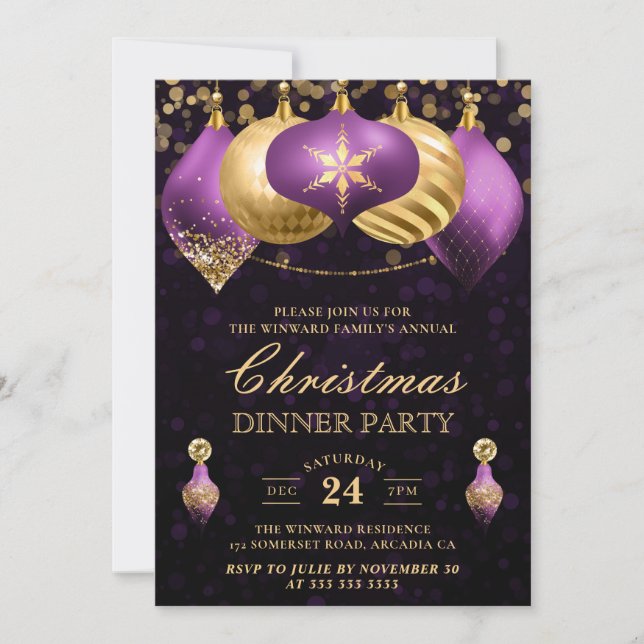 Convite Jantar de Natal com Bolas Roxas e Douradas Elegant (Frente)