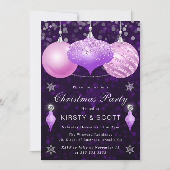 Convite Jantar de Natal com Enfeites Rosa e Roxo (Frente)