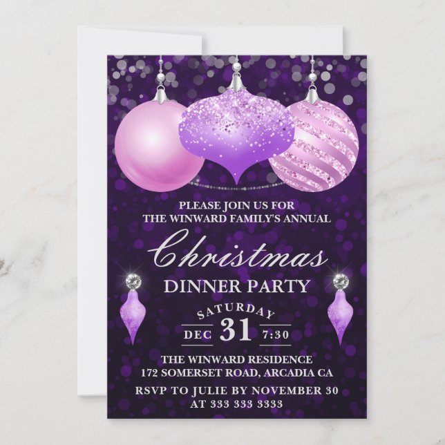 Convite Jantar de Natal com enfeites rosa e roxo (Frente)