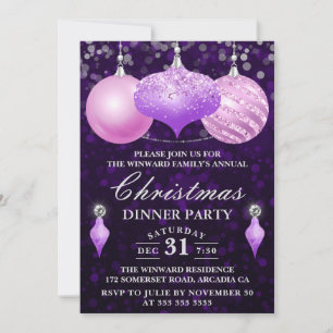 Convite Jantar de Natal com enfeites rosa e roxo
