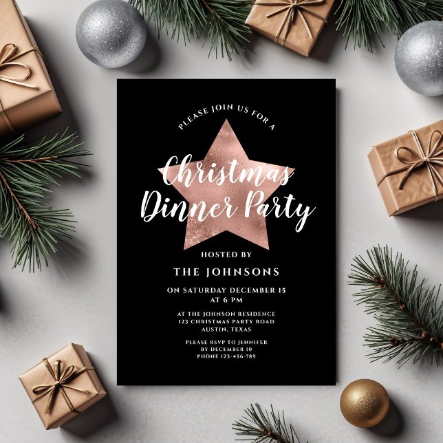 Convite Jantar de Natal com Estrela de Ouro Rosa Negra (Black Rose Gold Star Christmas Dinner Party Invitation)