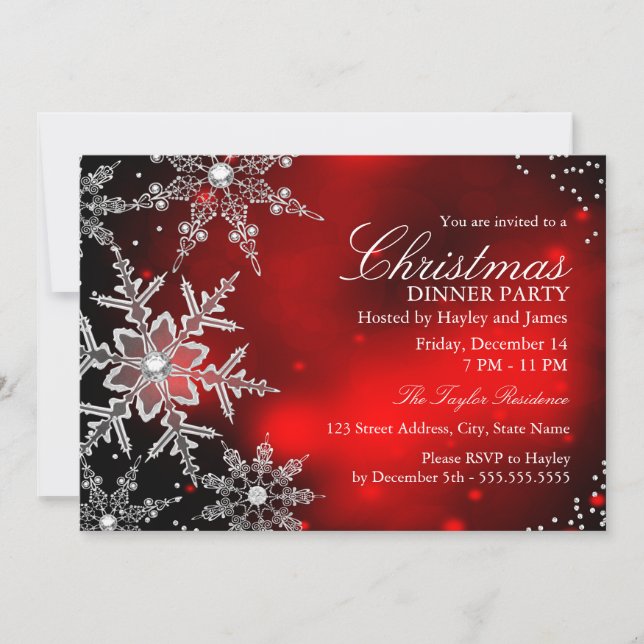 Convite Jantar de Natal com Floco de Neve Brilhante Vermel (Frente)