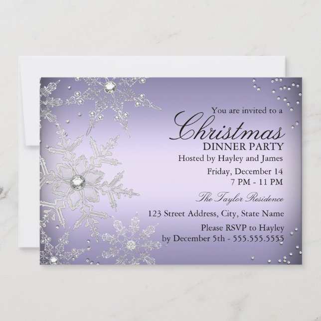 Convite Jantar de Natal com Floco de Neve de Cristal Roxo (Frente)