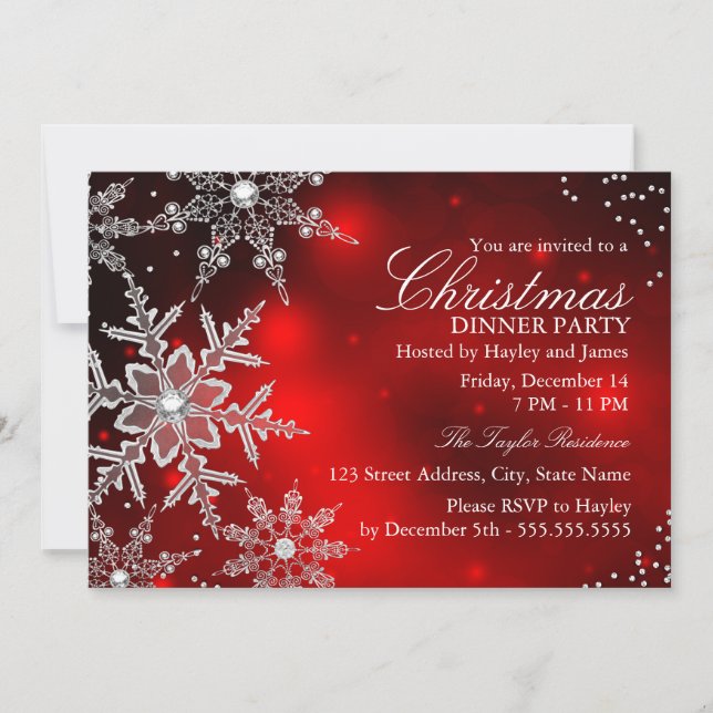Convite Jantar de Natal com Floco de Neve de Cristal Verme (Frente)