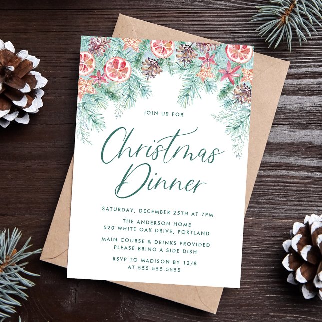 Convite Jantar de Natal com Pinheiro e Frutas cítricas em  (Criador carregado)