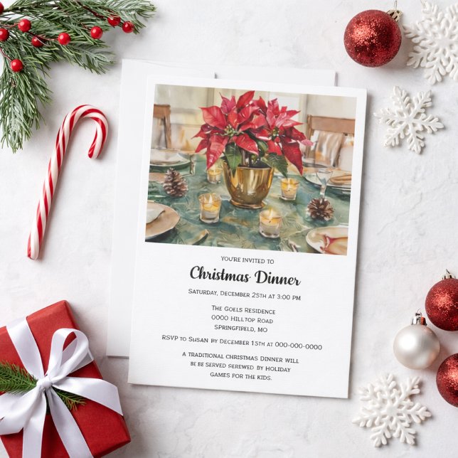 Convite Jantar de Natal com Poinsettia Vermelha Elegante (Criador carregado)