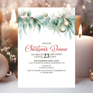 Convite Jantar de Natal com Verde Folhagem Aquarela