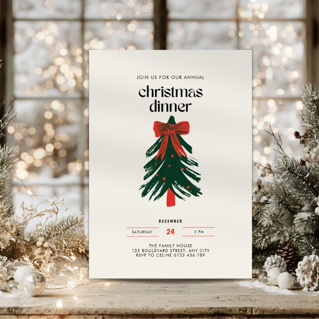 Convite Jantar de Natal da Árvore de Natal com Laço Vermel (Red bow Christmas dinner party invitation)