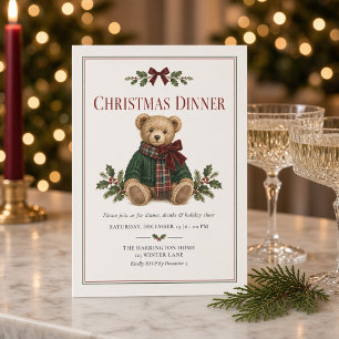 Convite Jantar de Natal do Urso de Pelúcia em Tartan Elega