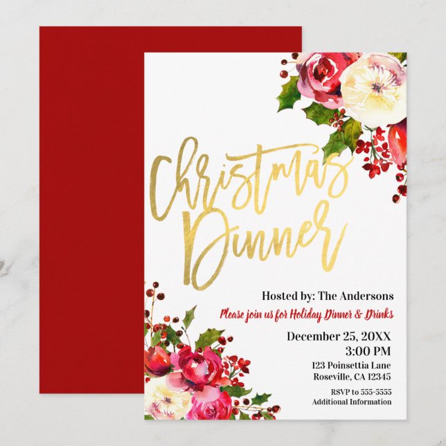 Convite JANTAR DE NATAL Dourado Moderno Script Frutas Flor (Frente/Verso)