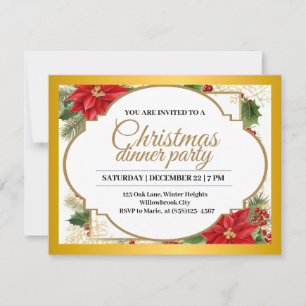 Convite Jantar de Natal Elegante em Dourado & Poinsettia 