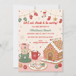 Convite Jantar de Natal Fantasioso de Natal Rosa Vermelho 