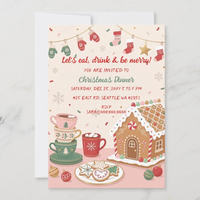 Convite Jantar de Natal Fantasioso de Natal Rosa Vermelho  (Frente)