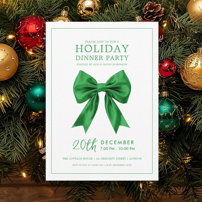 Convite Jantar de Natal Festa de Férias Laço de Seda Verde (Christmas Holiday Dinner Party Green Satin Bow Invitation)