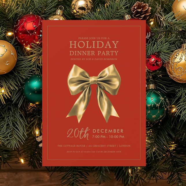 Convite Jantar de Natal Festa de Fim de Ano Arco de Cetim  (Christmas Holiday Dinner Party Gold Satin Bow Red Invitation)