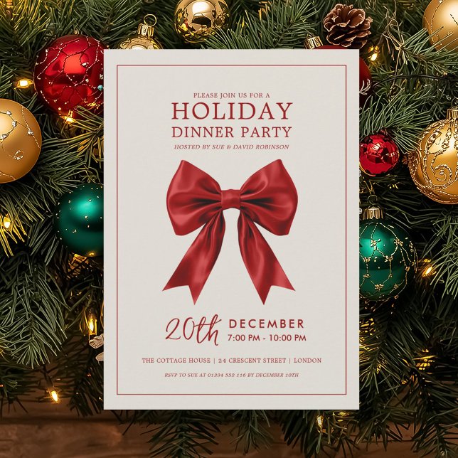 Convite Jantar de Natal Festa de Fim de Ano Laço de Cetim  (Christmas Holiday Dinner Party Red Satin Bow Invitation)