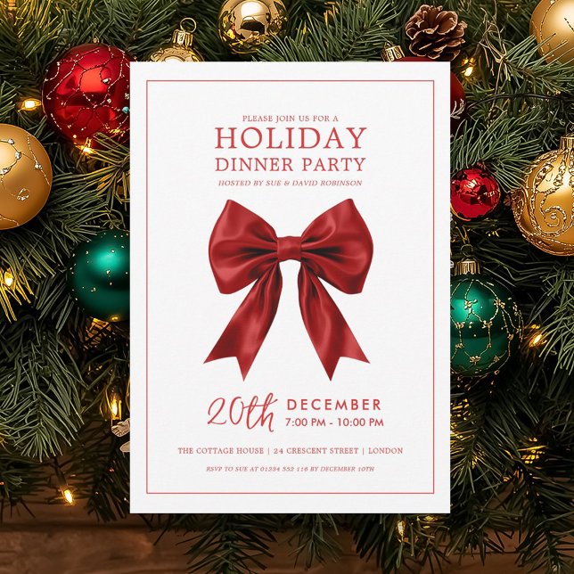 Convite Jantar de Natal Festa de Fim de Ano Laço de Seda V (Xmas Holiday Dinner Party Red Satin Bow Invitation)