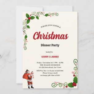 Convite Jantar de Natal Festa Elegante Azevinho e Frutas