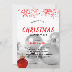Convite jantar de Natal festa prata vermelho enfeites