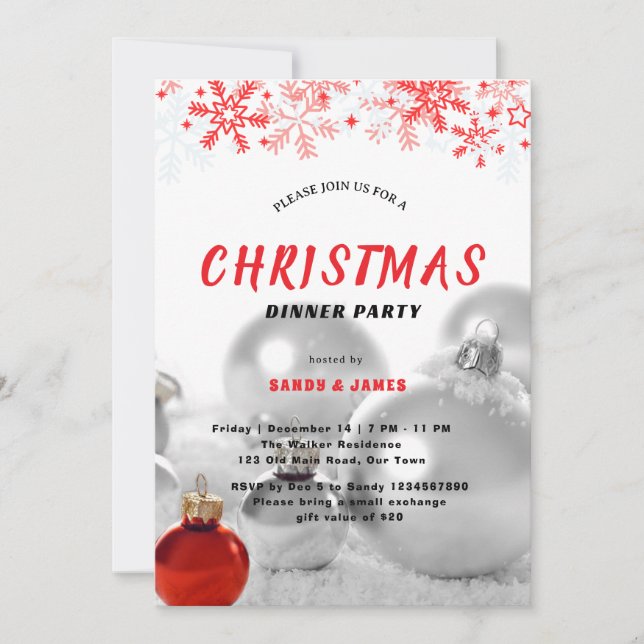 Convite jantar de Natal festa prata vermelho enfeites  (Frente)