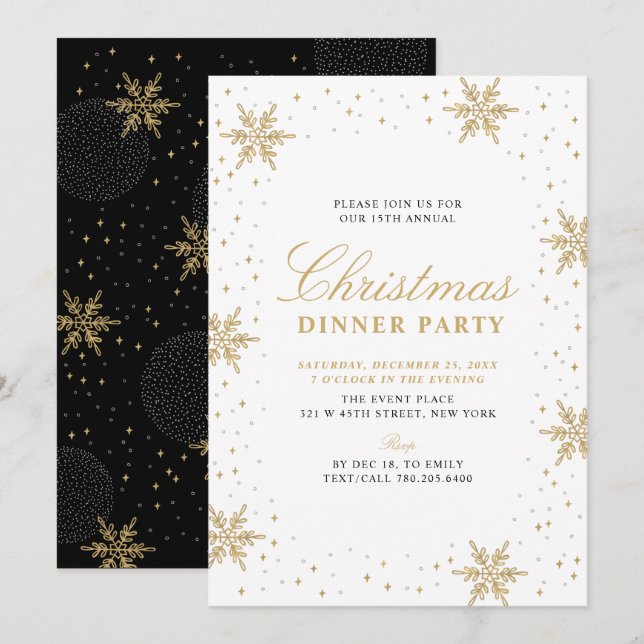 Convite Jantar de Natal Moderno e Elegante | Dourado e Pre (Frente/Verso)