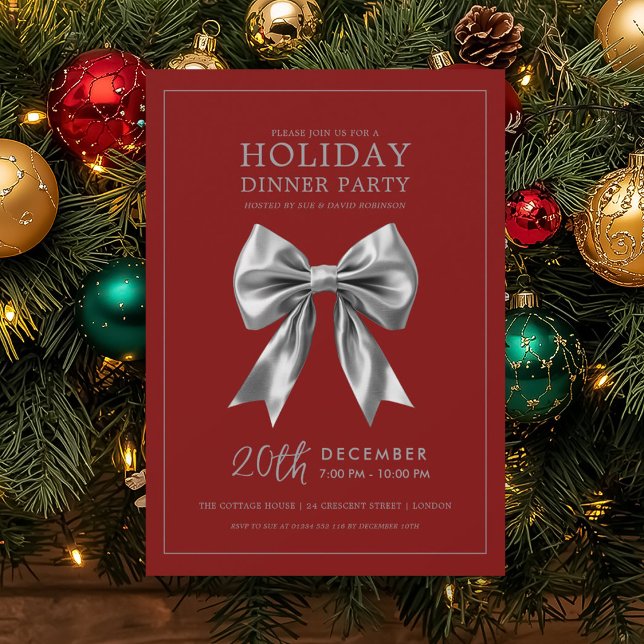 Convite Jantar de Natal no Feriado de Natal Arco de Cetim  (Xmas Holiday Dinner Party Silver Satin Bow Red Invitation)