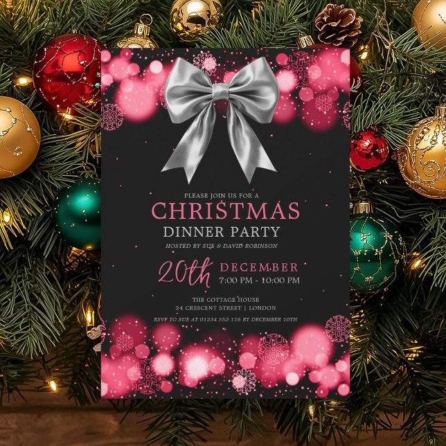 Convite Jantar de Natal no Feriado de Natal Inverno Arco d (Xmas Holiday Dinner Party Winter Silver Bow Red Invitation)