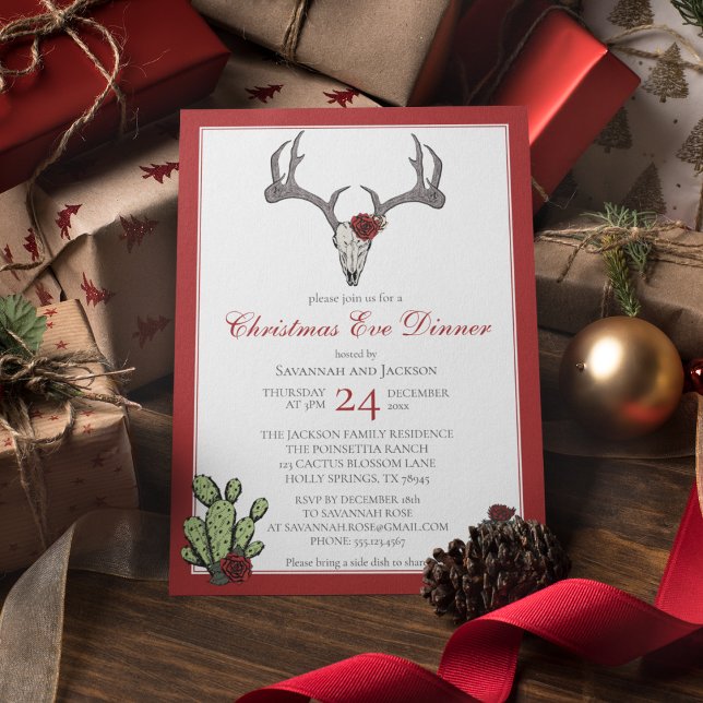 Convite Jantar de Natal Ocidental Chifre de Renas & Cacto (Western Christmas Eve Dinner Party Invites. Hand-Drawn Reindeer Skull, Antlers, RedRoses & Cacti.)