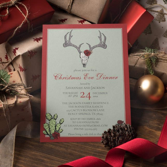 Convite Jantar de Natal Ocidental Chifre de Renas & Cacto (Western Christmas Eve Dinner Party Invites. Hand-Drawn Reindeer Skull, Antlers, RedRoses & Cacti.)
