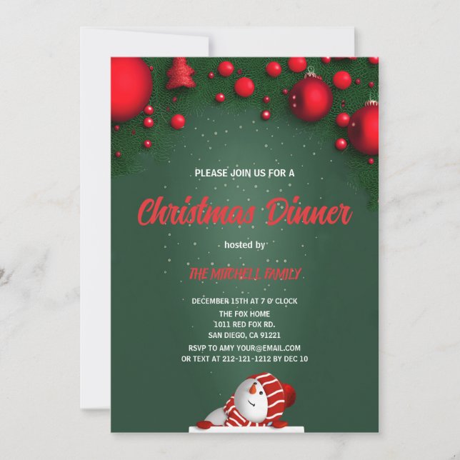 Convite Jantar de Natal pinheiro verde bagas vermelhas (Frente)