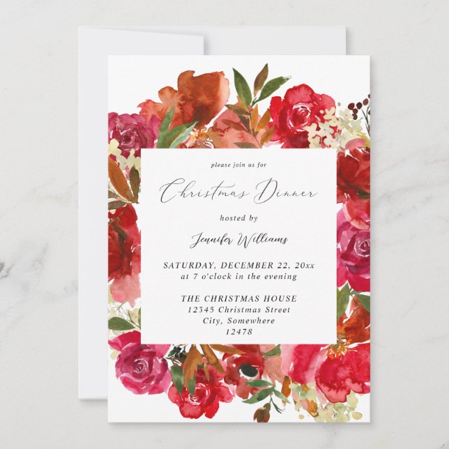 Convite Jantar de Natal Rosa Vermelho & Floral Rosa 1 (Frente)