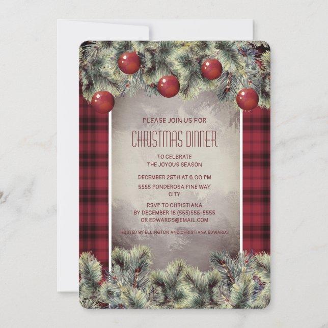 Convite Jantar de Natal Rustic Buffalo Plaid Cinza Prata (Frente)