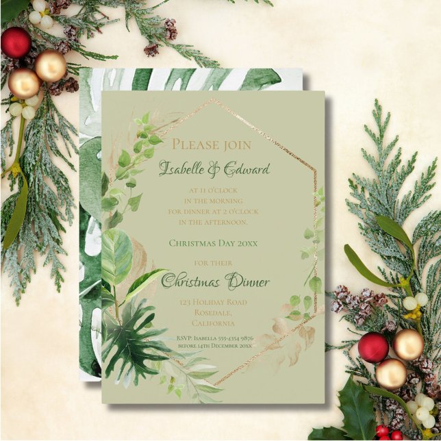 Convite Jantar de Natal Tropical Verde com Folhas de Ouro (Criador carregado)