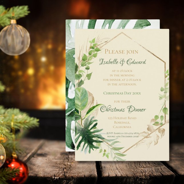 Convite Jantar de Natal Tropical Verde com Folhas de Ouro (Criador carregado)