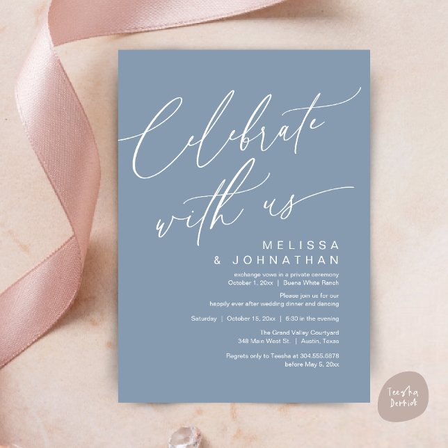 Convite Jantar de Noite Romântico, Celebre conosco (Romantic Wedding Dinner Party, Celebrate with us Lunch Brunch Modern Invites Card  PDF Dusty Blue)