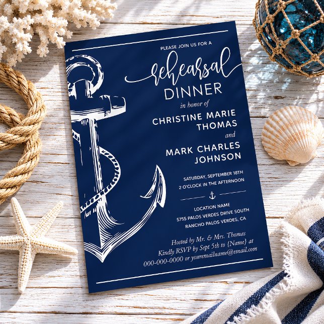 Convite Jantar de Noivado com Âncora Náutica Casamento Mar (Create your perfect invitation with this nautical anchor rehearsal dinner invitation.)