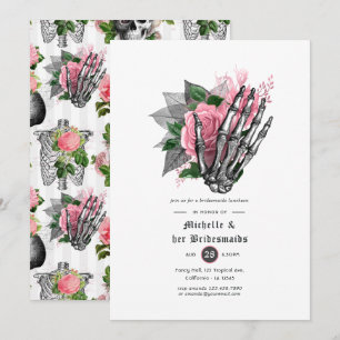 Convite Jantar de Noivas com Caveiras Góticas Florais Rosa