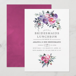 Convite Jantar de Noivas com Florais em Aquarela Roxo e Ro