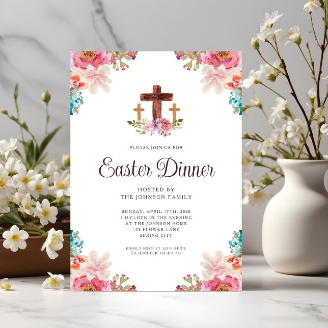 Convite Jantar de Páscoa Cruz Floral Elegante (Elegant Floral Cross Easter Dinner Invitation)