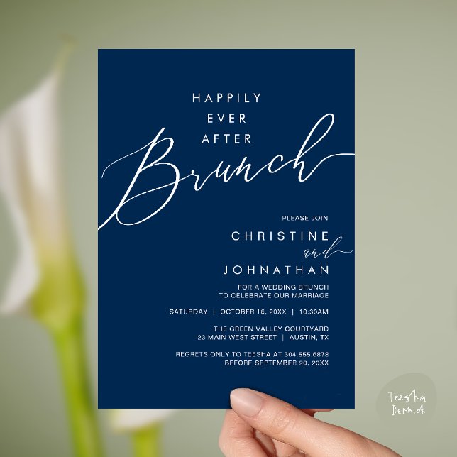 Convite Jantar de Recepção de Casamento Felizes para Sempr (Happily Ever After Brunch Post Wedding Reception Invitation Card in Navy Blue)