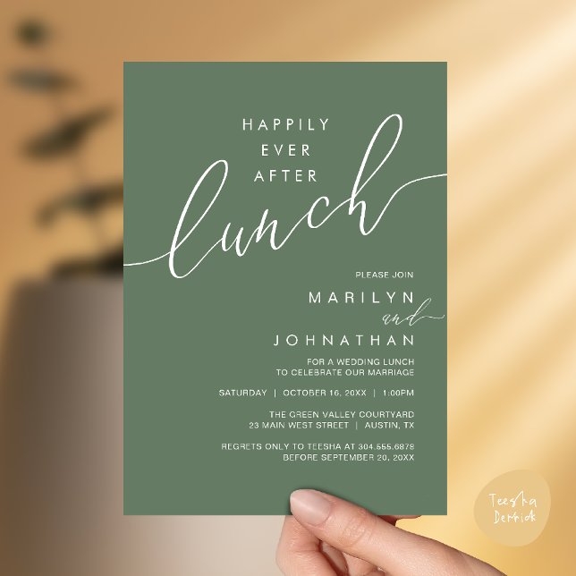 Convite Jantar de Recepção de Casamento Felizes para Sempr (Happily Ever After Lunch Wedding Reception Invitation Card in Sage Green)